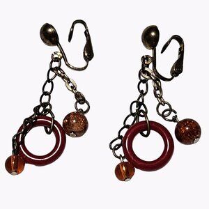 Retro Cherry Red Hoop Beaded Earrings Clip On Dangle 80s 90s Fashion Jewelry